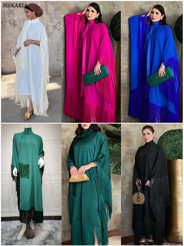 Скромный мусульманский плащ с кисточками Abaya для женщин, модный Свободный размера плюс рукав «летучая мышь», вечерние, вечерние платья, марокканский Дубай, кафтан