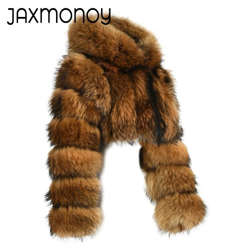 Jaxmonoy-진짜 너구리 모피 코트 후드 모피 자켓 여성용, 럭셔리 풀 슬리브, 따뜻한 외투, 새로운 스타일, 겨울