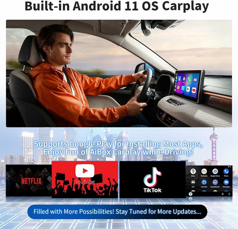 محول لاسلكي للسيارة مع ديزني + نيتفليكس يوتوب تيك توك ، أندرويد أوتو ، صندوق سحري لسيارات أوم السلكية