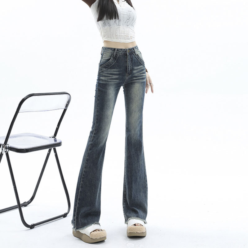 Women Flared Jeans High Waist Denim Pant Vintage Stretch 90s Streetwear Y2k Pants Elastic Skinny Mom Jeans Trousers