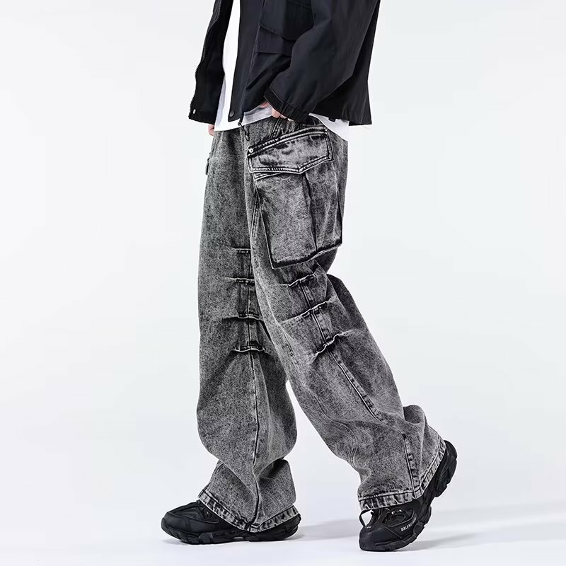 Джинсы-карго Y2K мужские Плиссированные, Модные Винтажные брюки-багги, прямые длинные брюки в уличном стиле, серого цвета, 2024