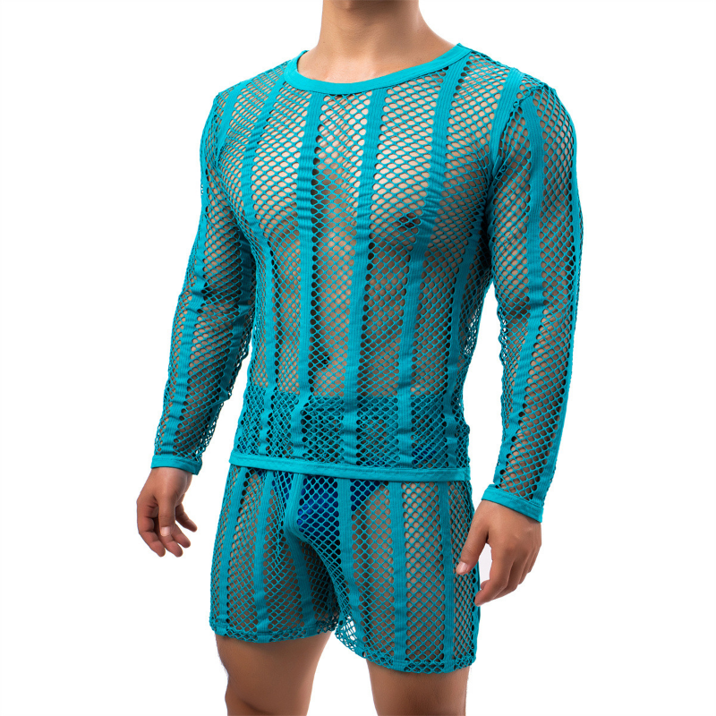 Kaus Dalam Pria Seksi Kaus Jaring-jaring Transparan Lengan Panjang Atasan Kebugaran Pakaian Dalam Tipis Set Baju Pria Boxer