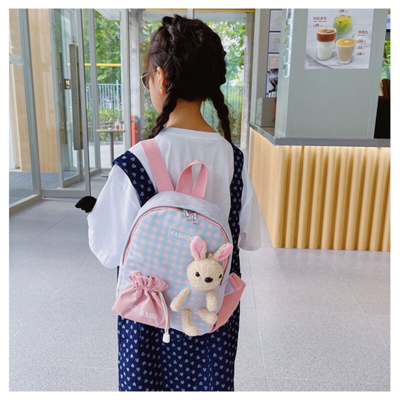 Cartable en nylon multicolore pour enfants, sac à dos lapin de dessin animé mignon, sac initié à carreaux, cadeaux pour enfants