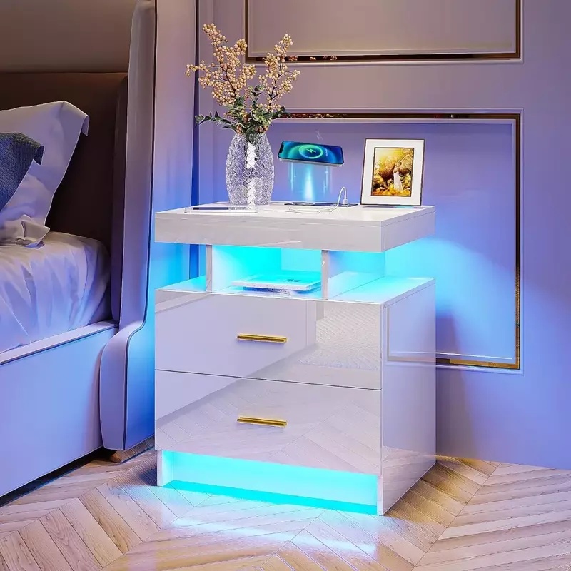 Auto LED Nightstand w/ Wireless Charging Station & USB Ports,High Gloss Bedside Tables w/2 Drawers,Floating Nightstand,White/BLK