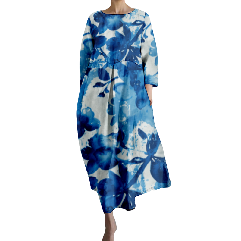 Robe Maxi Surdimensionnée à Fleurs Bleues pour Femme, Tenue de Plage Élégante, Éducative, Vacances, Printemps Été