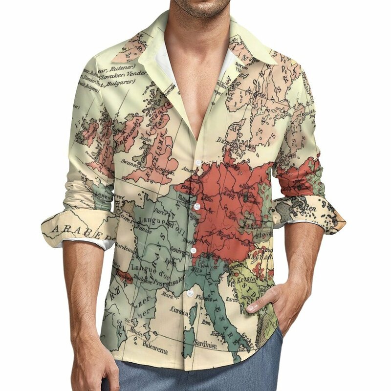 Camisa Estética Gráfica de Manga Comprida Masculina, Blusa Casual Outono, Roupa Retro Mundial, Presente, Mapa da Europa, Mundo