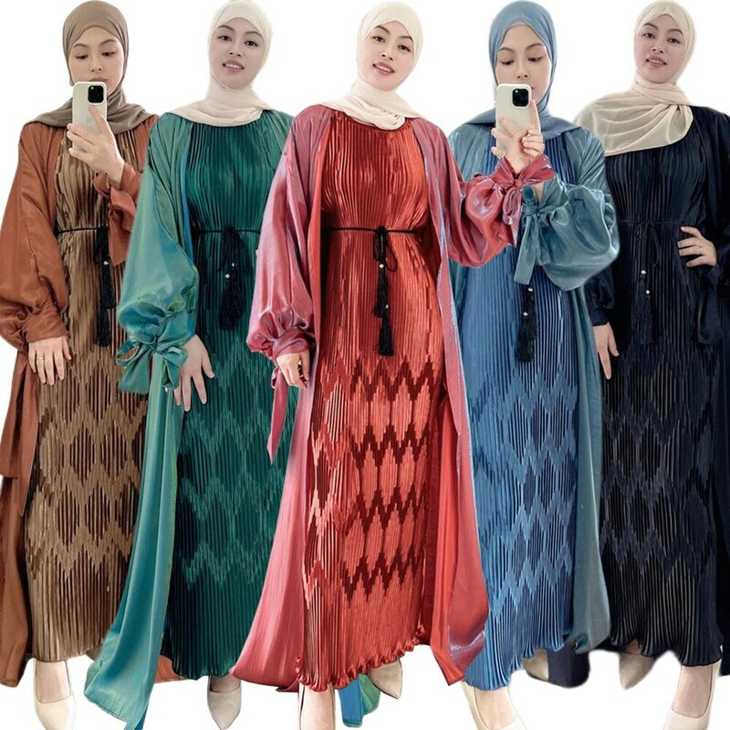 Zomer Open Abaya Dubai Glanzende Zachte Poff Mouwen Moslim Jurk Abaya Dubai Kalkoen Moslim Jurk Islam Abayas Kimono Femme Musulmane