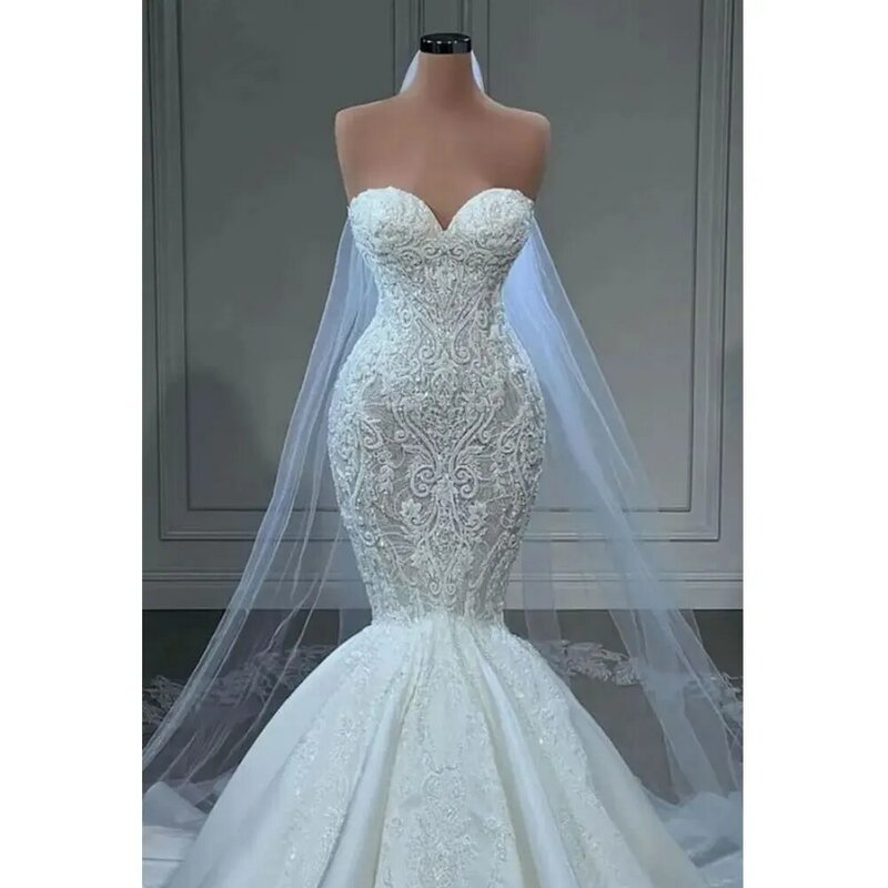 Sexy Sweetheart Lace Mermaid Wedding Dresses Illusion Satin Applique Beaded Backless Beach Sweep Train Bridal Gown free shipping