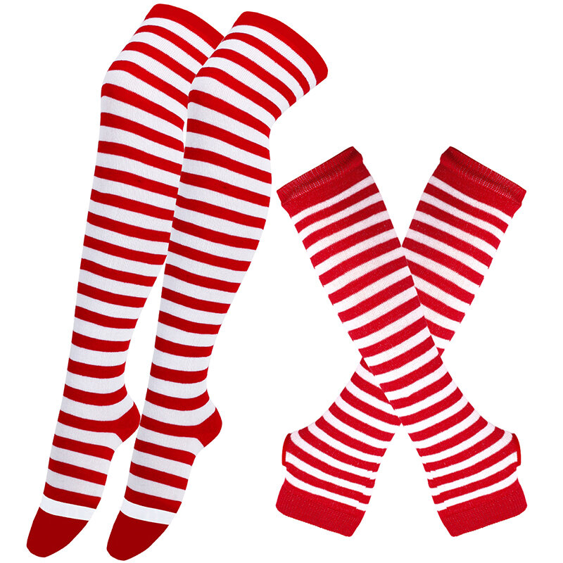طقم جوارب نسائية عالية بأكمام ذراع مخططة للركبة ، قفازات طويلة للشباب ، تأثيري ، عيد الميلاد ، عيد الهالوين ، جوارب فوق الركبة