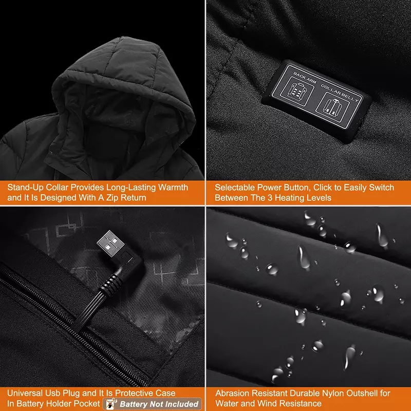 Beheizte Jacke, USB intelligenter Dual-Control-Schalter 4-11 Zone beheizte Jacke, warme Baumwoll jacke für Herren mit abnehmbarer Kapuze
