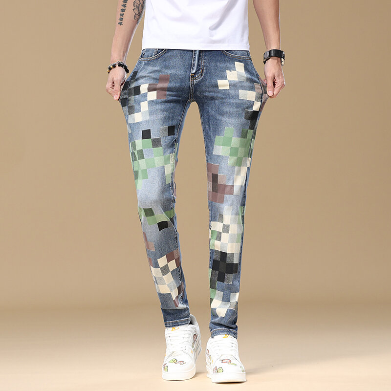 High-end summer jeans men's slim fit skinny street trend Korean style fashionable printed casual denim pants