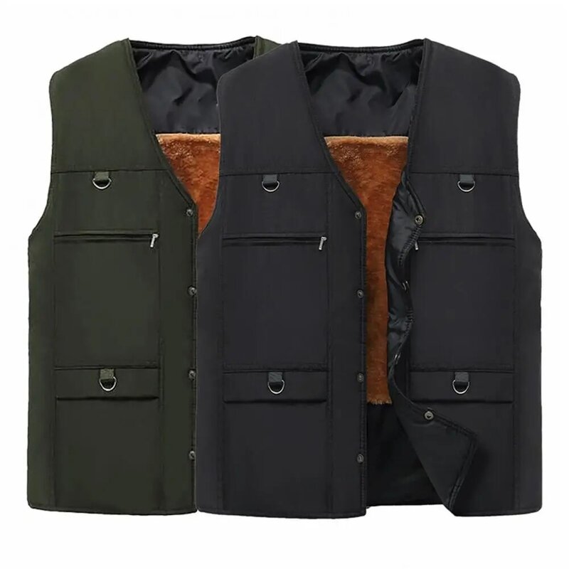 Men Fall Winter Vest Thick Plush Sleeveless Waistcoat Zipper Closure Mid-aged Father Fishing Waistcoat Men Winter Vest Coat