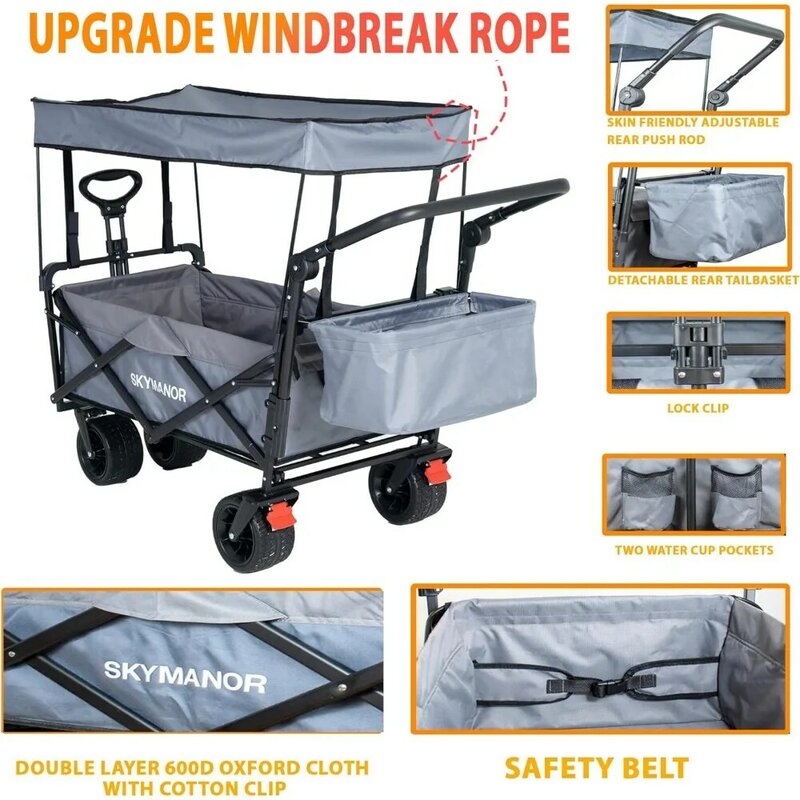 Collapsible Wagon Folding Garden Cart with Removable Canopy Utility Wagon Cart with All-Terrain Wheels 4 Brake Beach Cart Heavy