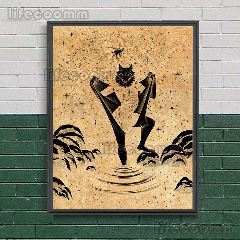 Винтажное изображение дьявола, танец и луна Wicca, настенная Картина на холсте, звездная летучая мышь и гриб, зло постер «волк», принты, домашний декор без рамки
