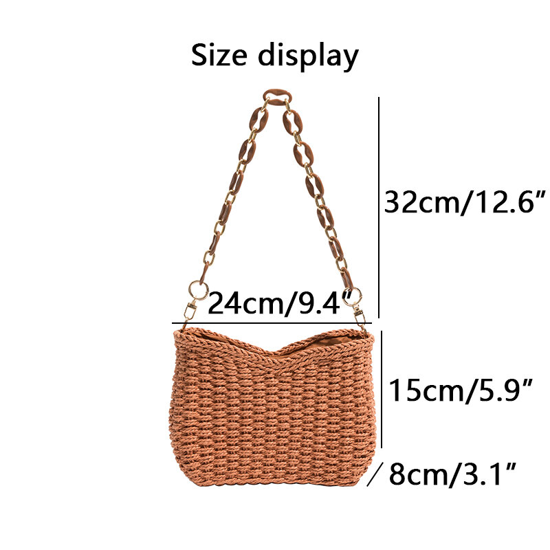Bolso de playa de paja para mujer, bolsa de mano con cadena acrílica, de diseñador informal a la moda, de hombro tejido de Color caramelo, para verano, 2023