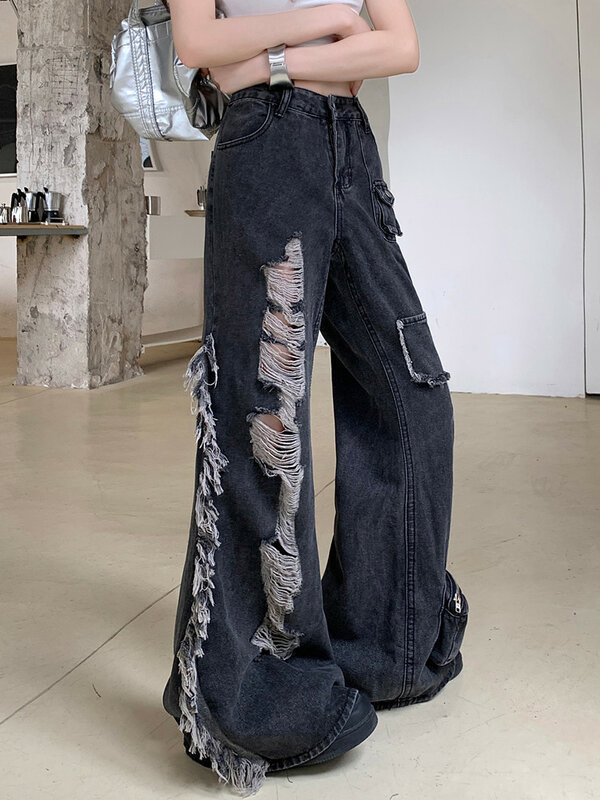 2024 ropa grunge y2k streetwear schwarz baggy zerrissen gestapelte Flare Jeans Hosen für Frauen Kleidung gerade neue Rock Lady Hosen