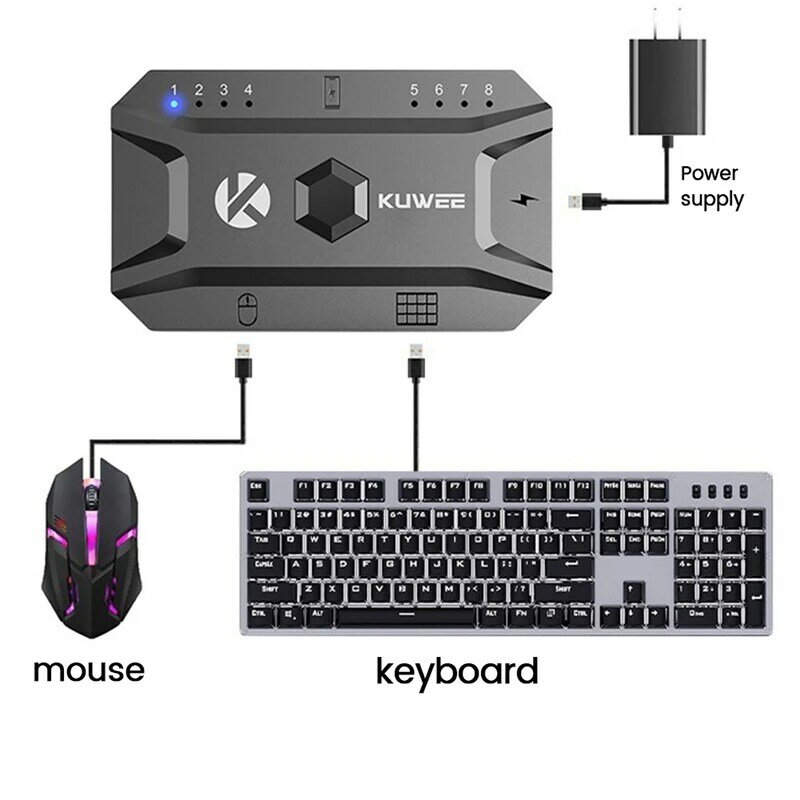 Convertidor de teclado y ratón con cable Bluetooth Hub USB 5,0, adaptador de concentrador inalámbrico, compatible con 8 dispositivos para tableta, ordenador portátil y móvil