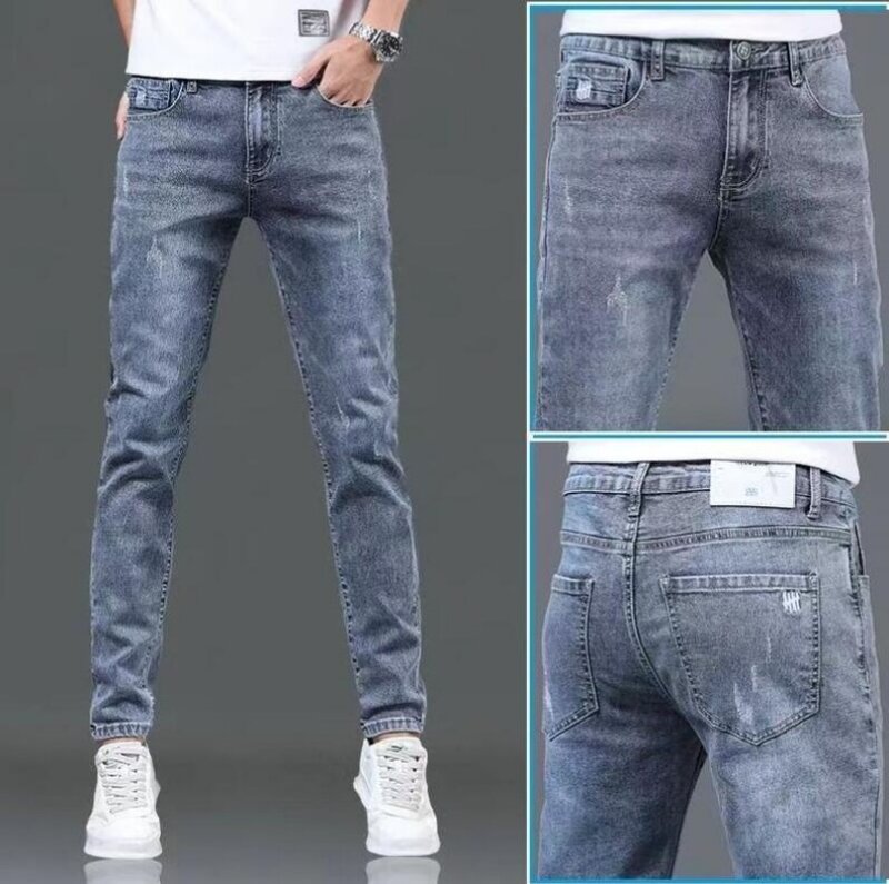 New Spring and Autumn Blue Washed Korean Fashion Casual Solid Slim Cowboy Stretch Denim Teenagers Luxury Pants Tight Men Jeans