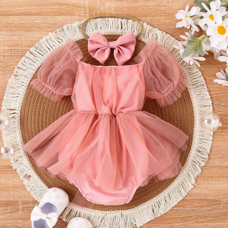 Baby Girl pagliaccetto Dress Toddler Girl Summer Clothes Set Infant Baby outfit Mesh Lace tuta + Bow Hairband Clothing