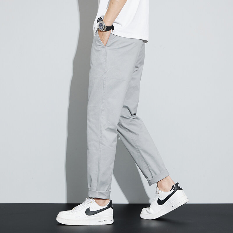 Summer 97.8%Cotton Men's Ankle-Length Casual Pants Thin Business Straight Grey Khaki Work Solid Color Trousers Male Plus Size 40