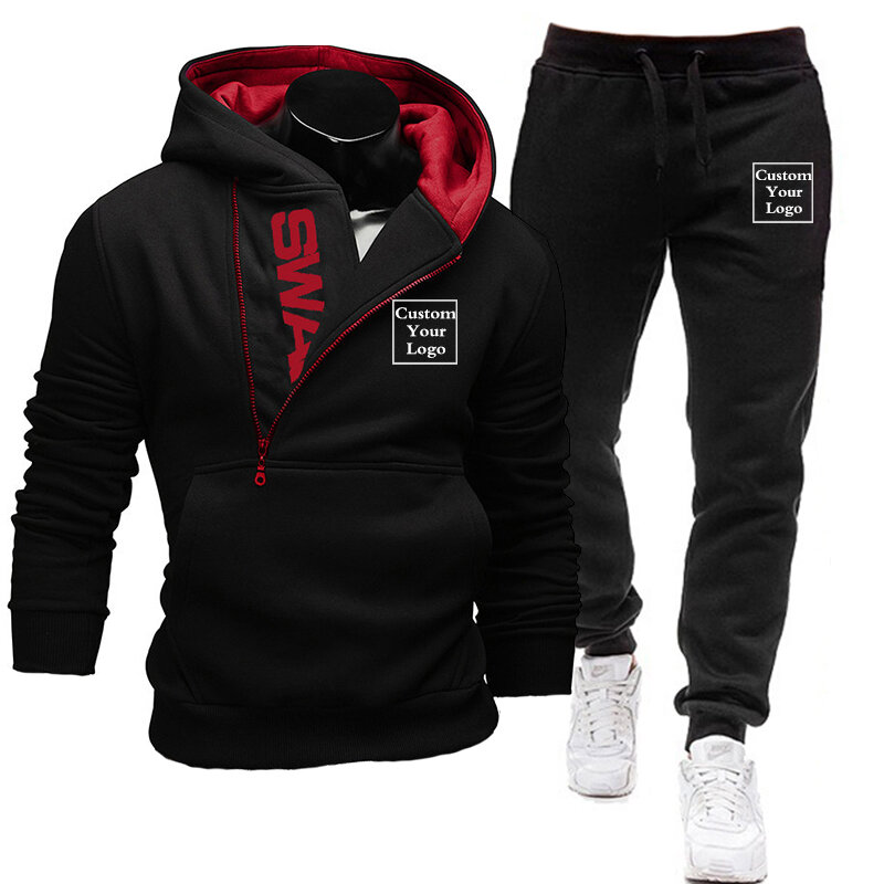 Custom Logo Tracksuit Men 2 Pieces Sets Sweatshirt + Sweatpants Sportswear Zipper Hoodies Casual Mens Clothing Size