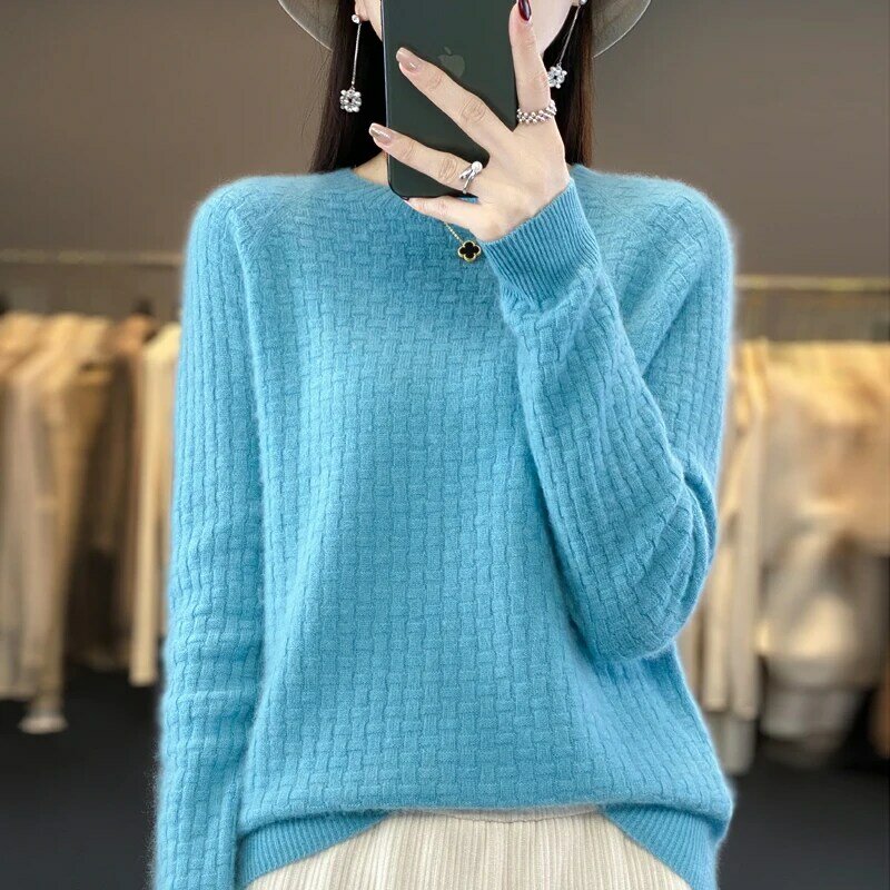 Sweter wol kasmir leher O wanita, atasan rajut kasual leher O 100% musim gugur dan musim dingin