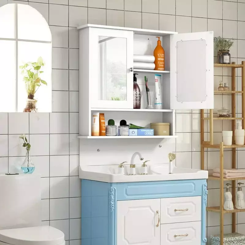 Mobiletto del bagno, armadietto per montaggio a parete con doppie ante a specchio, armadietto per medicinali in legno (bianco)