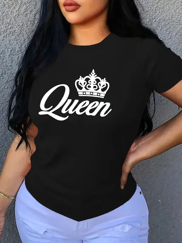 Queen Fashion Print Dames T-Shirt Met Korte Mouwen Casual Top Voor De Lente En Zomer, Dameskleding Casual Basics O-Collar