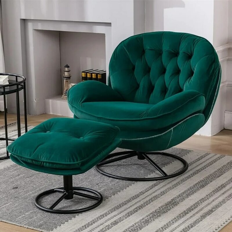 Veludo giratório footstool set, poltrona moderna com apoio para os pés, confortável, com pernas de metal, tv cadeira, verde
