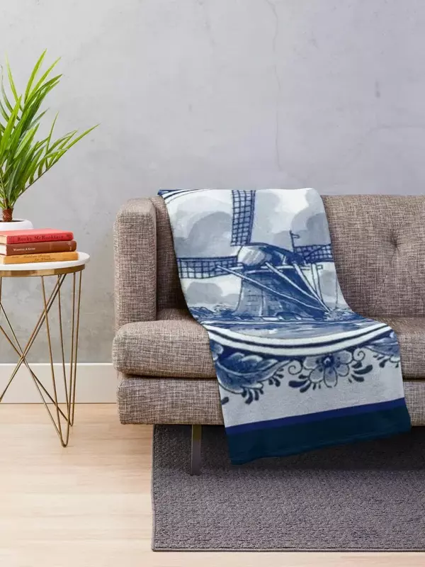 Dutch Blue Delft: กังหันลมและต้นไม้โบราณในอัมสเตอร์ดัมพิมพ์ผ้าห่มโยนเตียงนุ่มผ้าห่มแบรนด์หรู