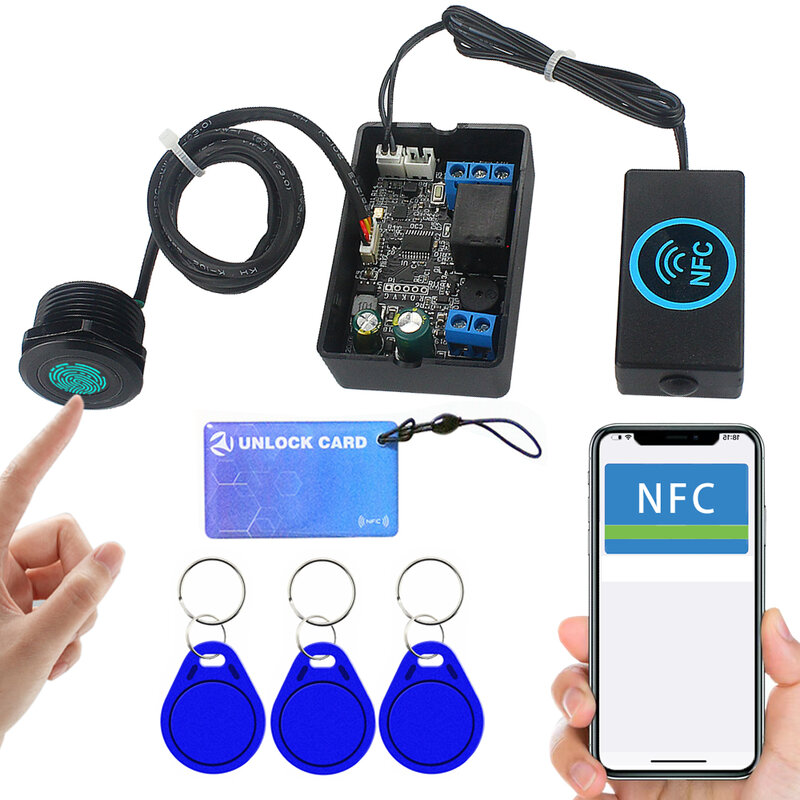 Módulo de control de relé de huellas dactilares NFC para teléfono móvil, DC10V-120V, tarjeta IC, controlador de acceso de inducción, interruptor, locomotora, desbloqueo de coche