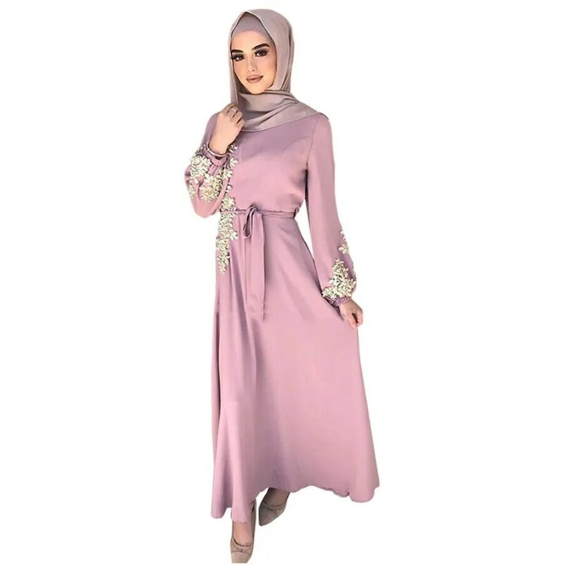 Wanita Muslim Dubai gaun Maxi lengan panjang gaun Floral renda manik-manik Hijab Kaftan