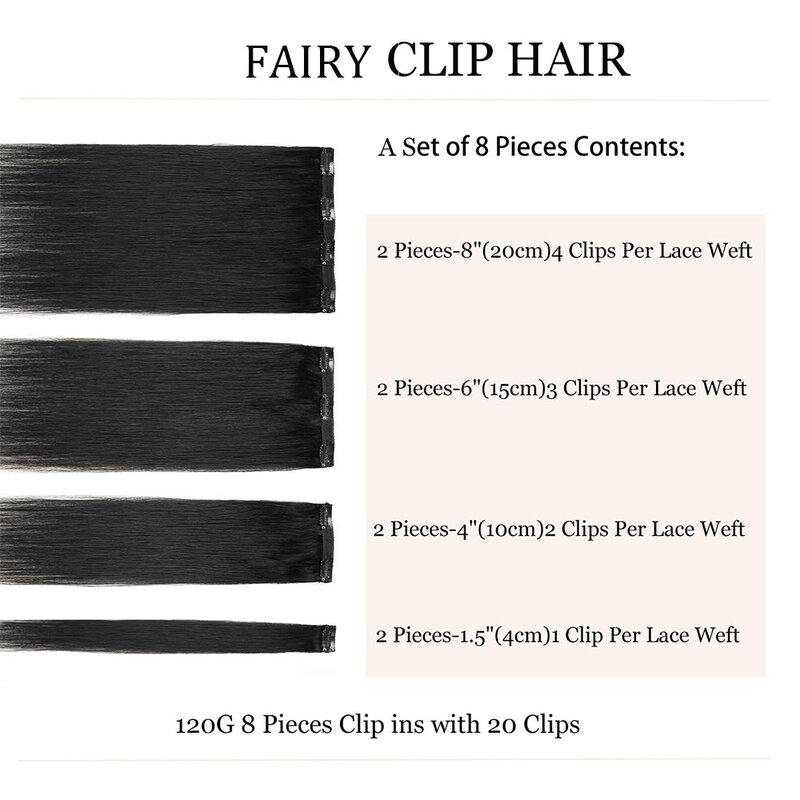 Straight Clip-In extensão do cabelo para as mulheres, Cynosure cabelo humano, Clipe de cabeça cheia, Ins Seamless, Double Weft Clip, Jet Black, #1, 8pcs por conjunto