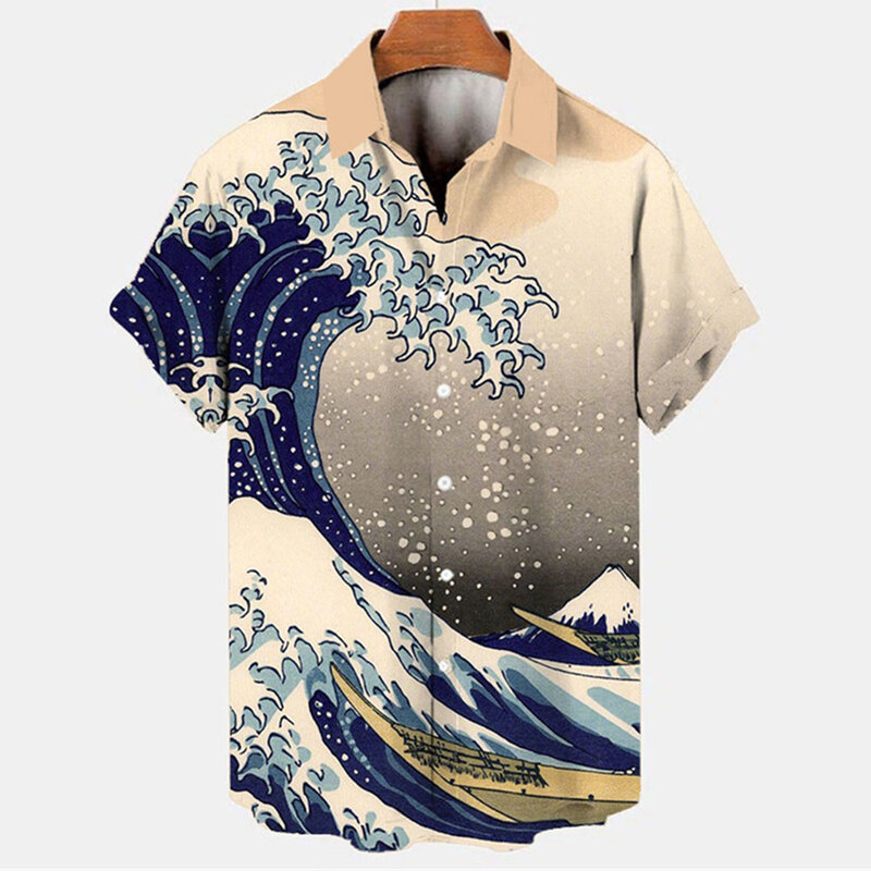 New Vintage Japanese Sea Wave Men's Shirts Lapel Streetwear Shirt For Men Street Short Sleeve Top Summer Men Hawaiian Shirt