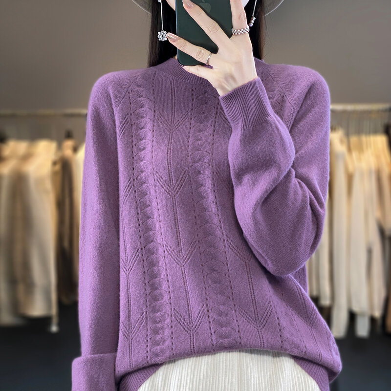 Autunno inverno nuove donne maglione senza cuciture Readymade mezzo collo alto 100% maglione di lana scava fuori manica lunga sciolto Top lavorato a maglia