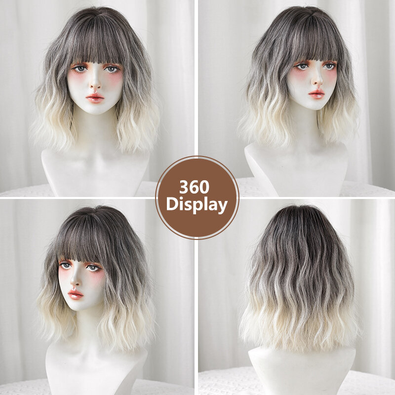 7JHH WIGS Lolita Wig Synthetic Short Bob Wigs with Fluffy Bangs High Density Wavy Brown Ombre Blonde Wig for Girl Costume Wig