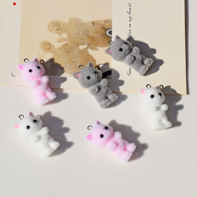 Kawaii Flocking Animals Cartoon Cats Shape Resin Doll Beads Pendant Diy Jewelry Earring Garment Keychain Pendant Accessories New