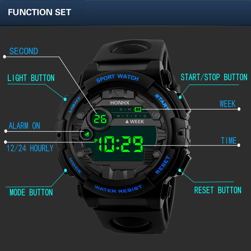 Relógio Digital Masculino Luminous Sport, Avançado Silicone Strap, LED, Militar, Preto, Relógios de Pulso Masculino, Hodinky