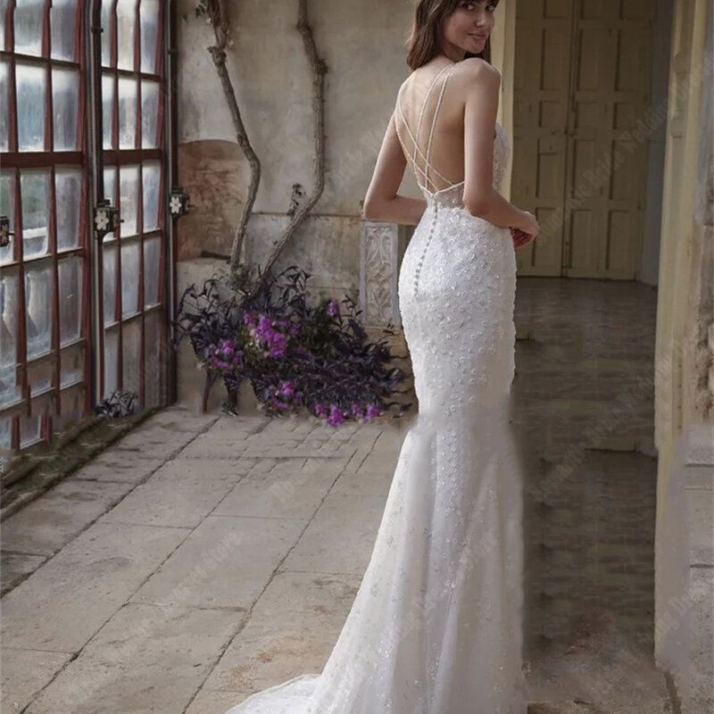 Boho White Deep-V Women Wedding Dresses Popular Lace Decals Mermaid Bridal Gowns Bright Surface Princess Vestidos De Novias 2024
