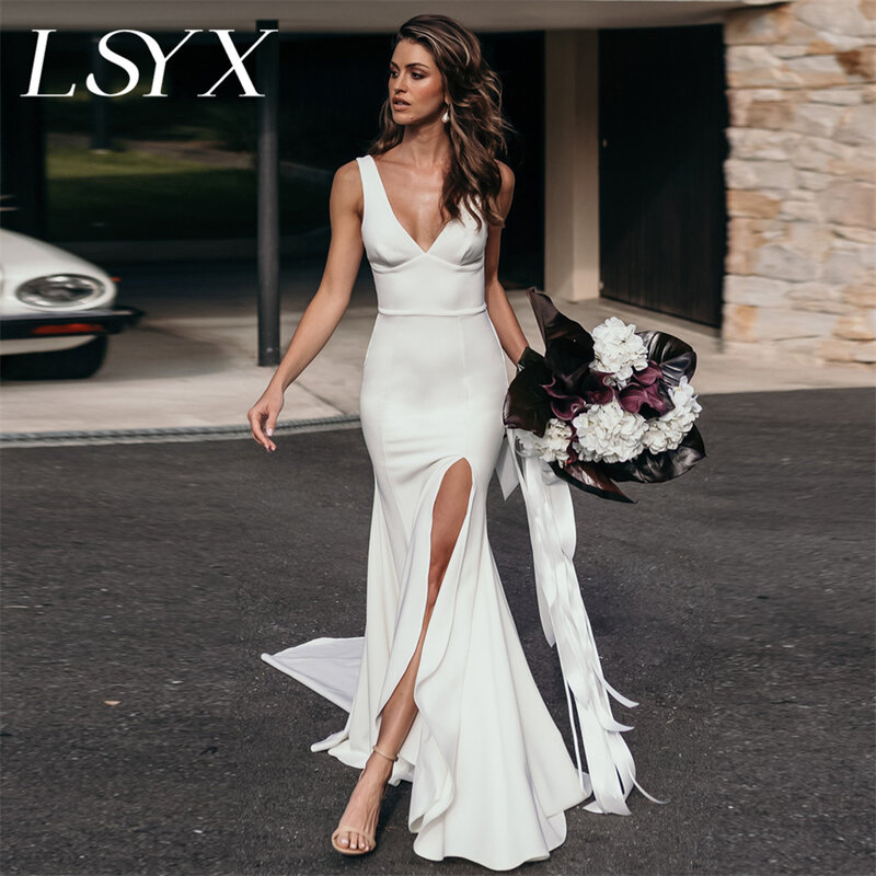Простое свадебное платье-Русалка LSYX без рукавов, с глубоким V-образным вырезом, с открытой спиной, с Боковым Разрезом, длиной до пола, индивидуальный пошив