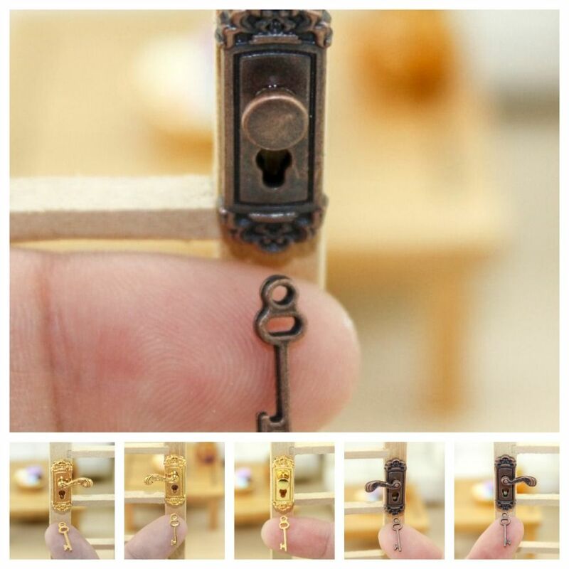 1:12 DIY Pretend Play Toy Knobs Keys Set Bronze Miniature Door Handles Gold with Keyhole Doll House Accessories Party
