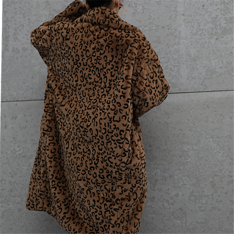Inverno spesso caldo leopardo lungo cappotto di pelliccia di orsacchiotto donna capispalla allentato Casual femminile colletto giacca di pelliccia di coniglio peso 1.7kg-1.9kg