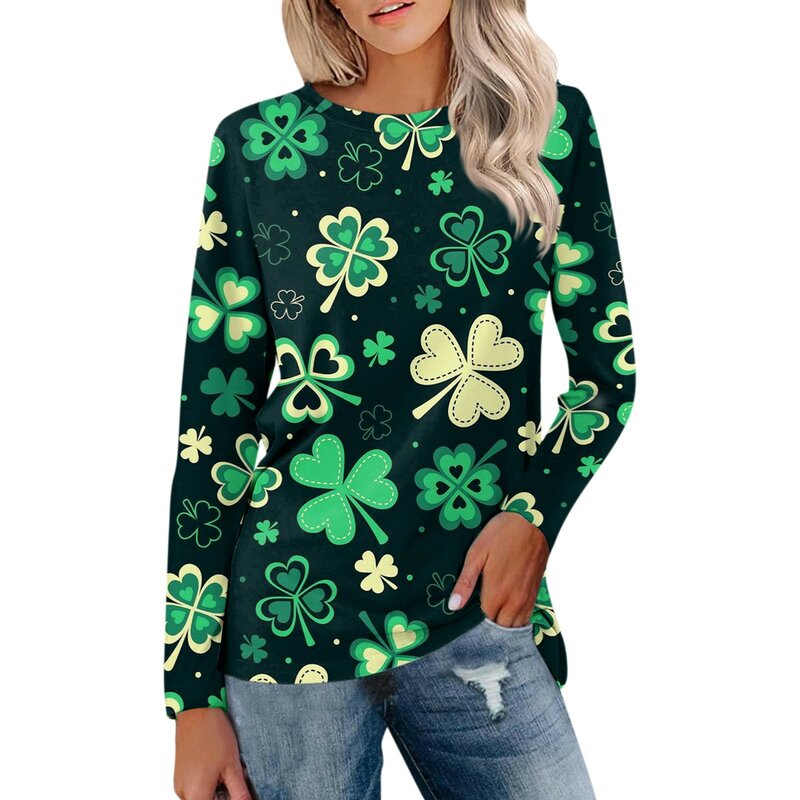 Women's Fashion-Forward Casual Long Sleeve Saint Patrick’S Day Print Round Neck Pullover Top Blouse Eye-Catching Personalized