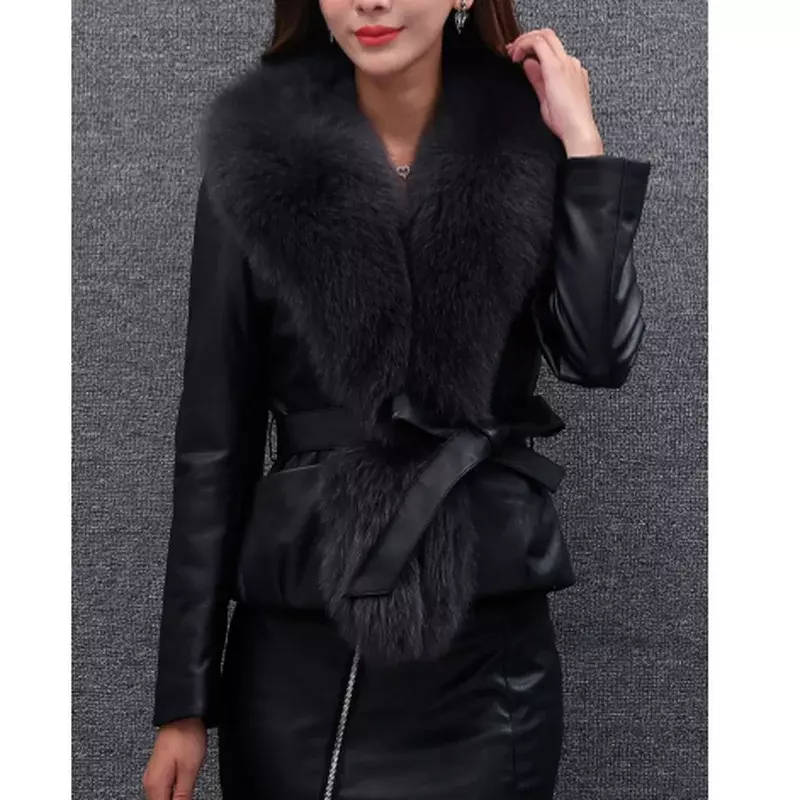 Autumn and Winter Pu Faux Fur Collar Stitching Women's Fashion Solid Color Jacket Ladies Elegant Lace-up Jacket Women Ladies