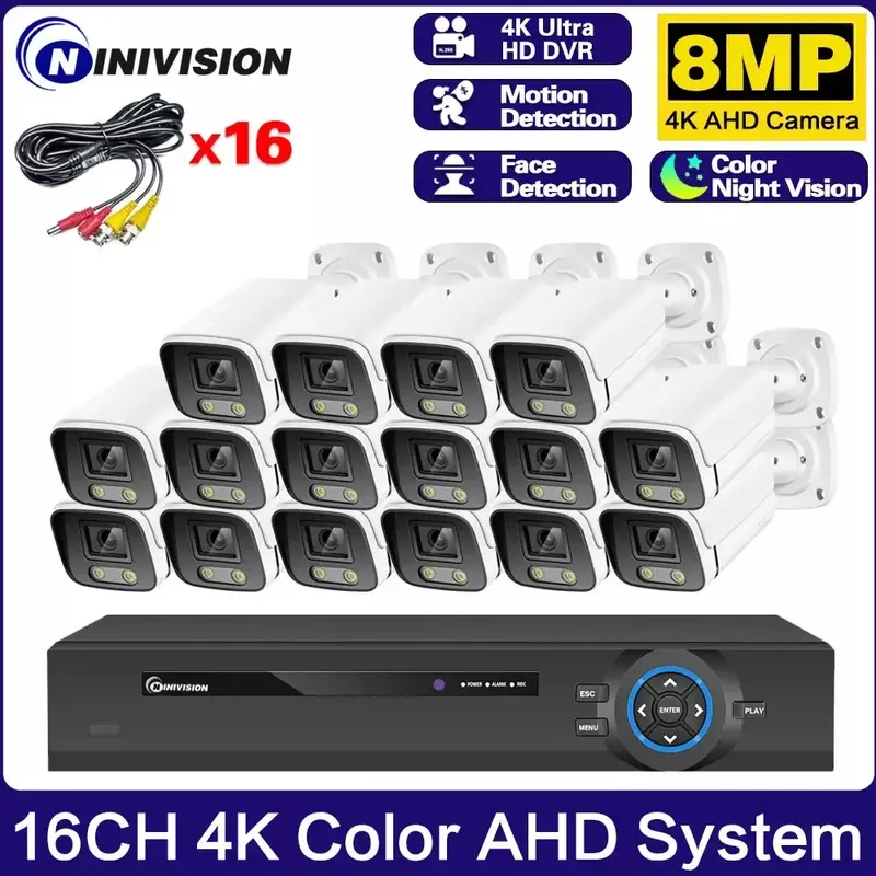 ชุดระบบเฝ้าระวังวิดีโอ4K Ultra HD AHD ชุดระบบกล้องวงจรปิด16CH การมองเห็นได้ในเวลากลางคืนสี8MP ชุดกล้อง CCTV 8CH P2P