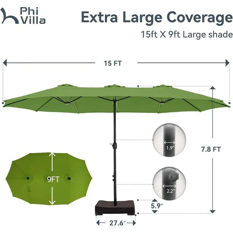 대형 파티오 우산, 베이스 포함, 야외 양면 직사각형 시장 우산, 수영장 잔디 정원용, 15 피트