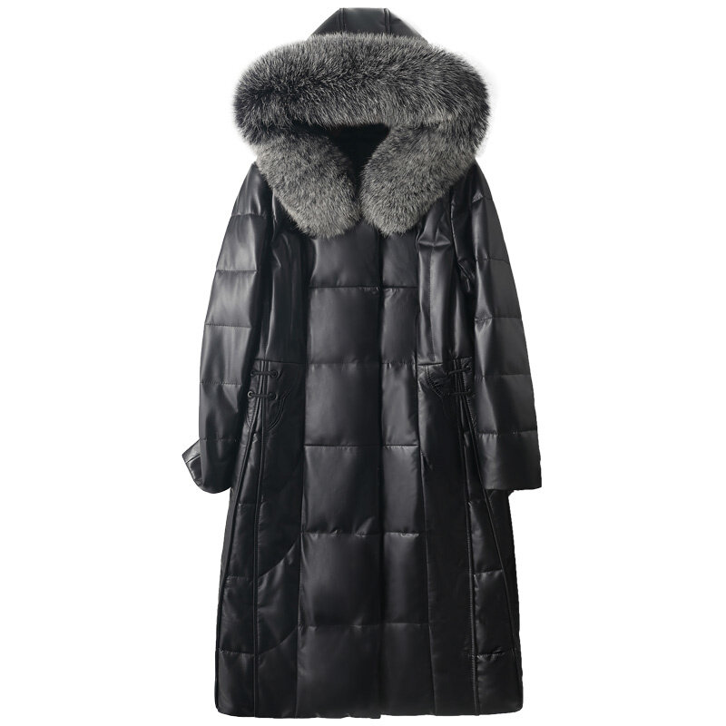 Manteau en cuir mi-long pour femme, veste chaude en duvet noir avec col de renard, hiver