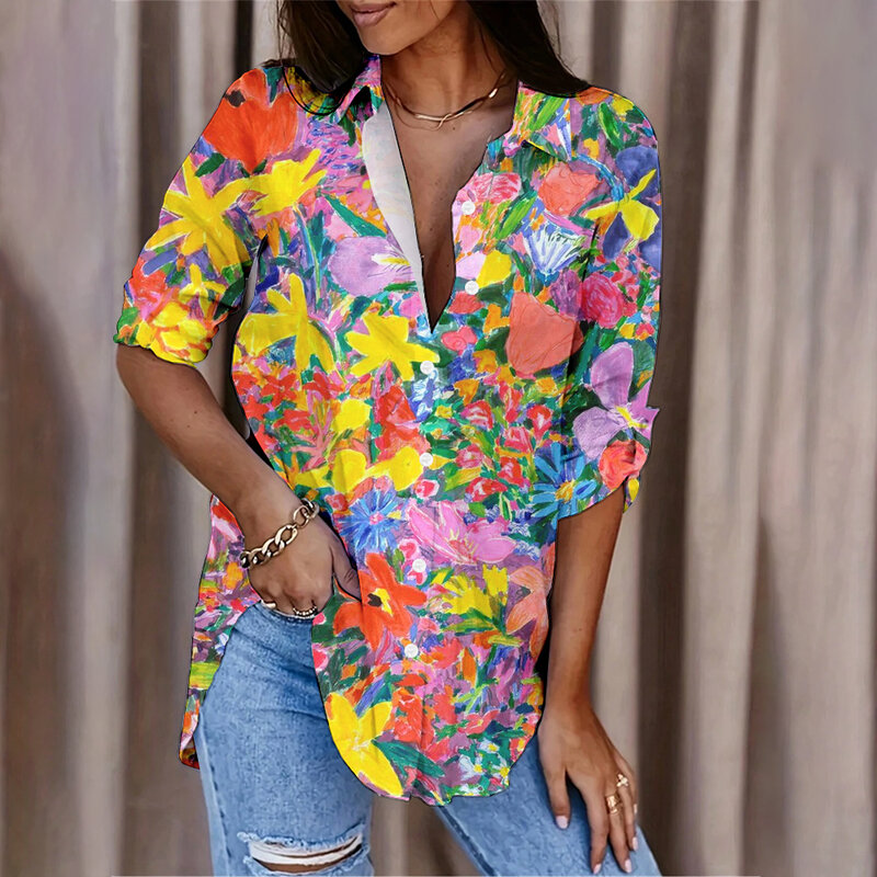 Camiseta colorida com estampa floral, gola redonda, manga curta, solta, confortável, elegante, casual, diária, verão, nova, 2022