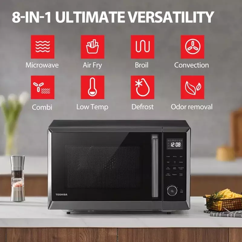 TOSHIBA Air Fryer Combo 8-in-1 Oven Microwave, konveksi, Broil, penghilang bau, fungsi Mute, memori posisi 12.4"