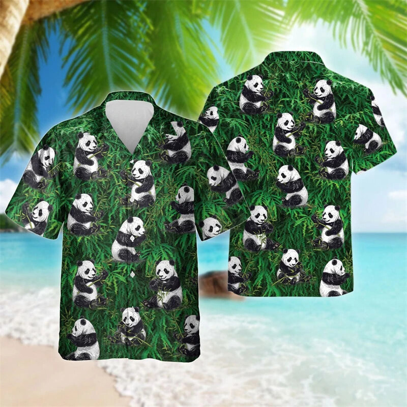 Panda animal bonito 3D masculino impresso camisas, blusas gráficas do tesouro nacional chinês, roupas curtas havaianas, verão